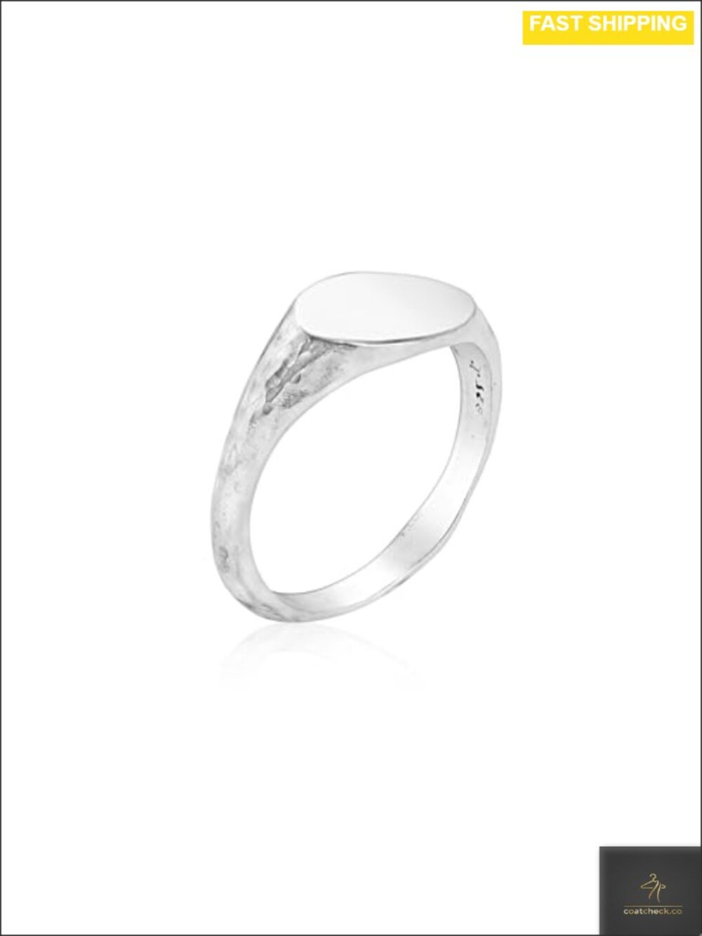 Solid 925 Sterling Silver Oval Signet Ring Slim Hammered Band Minimalist